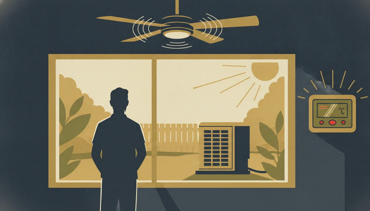 Illustration of a homeowner checking a thermostat on a hot day