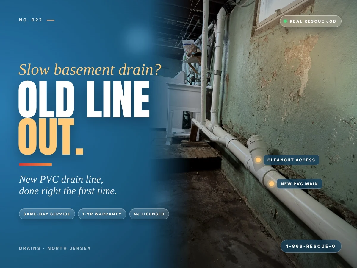 Real Rescue Plumbing & HVAC job: new white PVC drain line with a cleanout installed along a basement wall