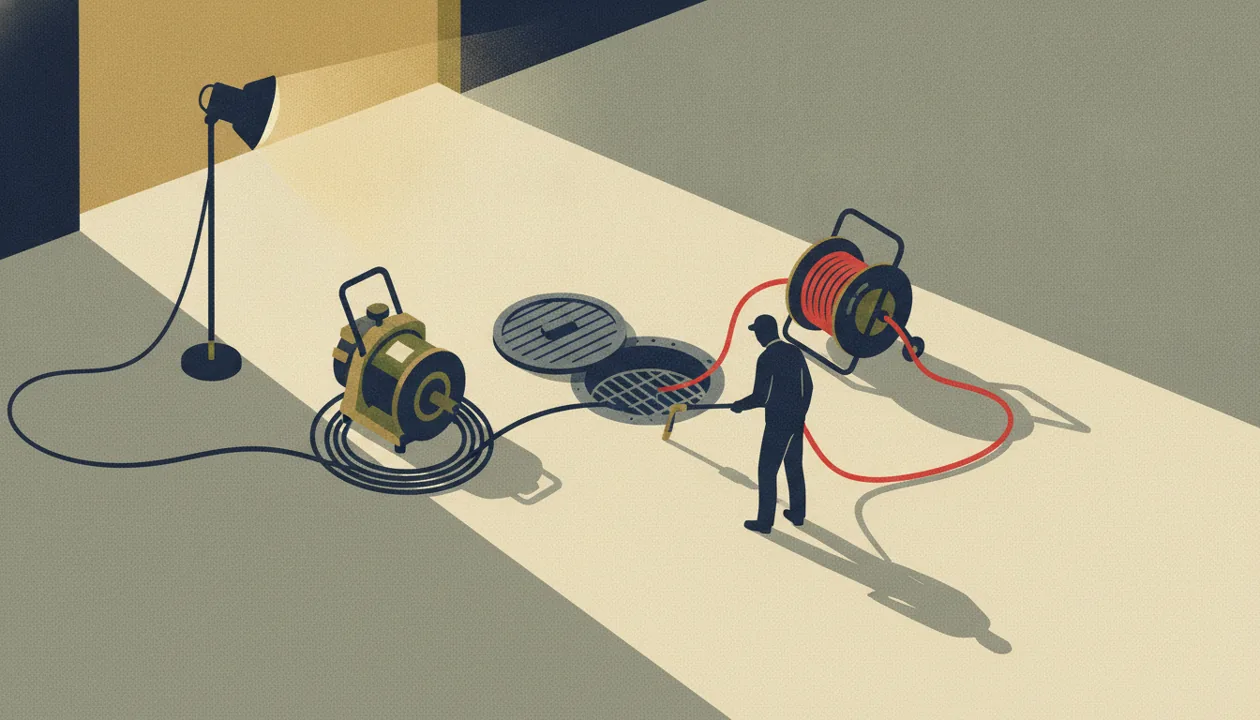 Illustration of a drain snake machine and hydro-jetter by a floor drain