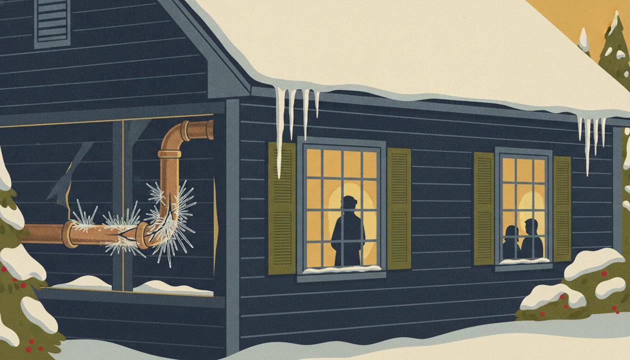 Illustration of a frozen pipe inside the wall of a snowy NJ home