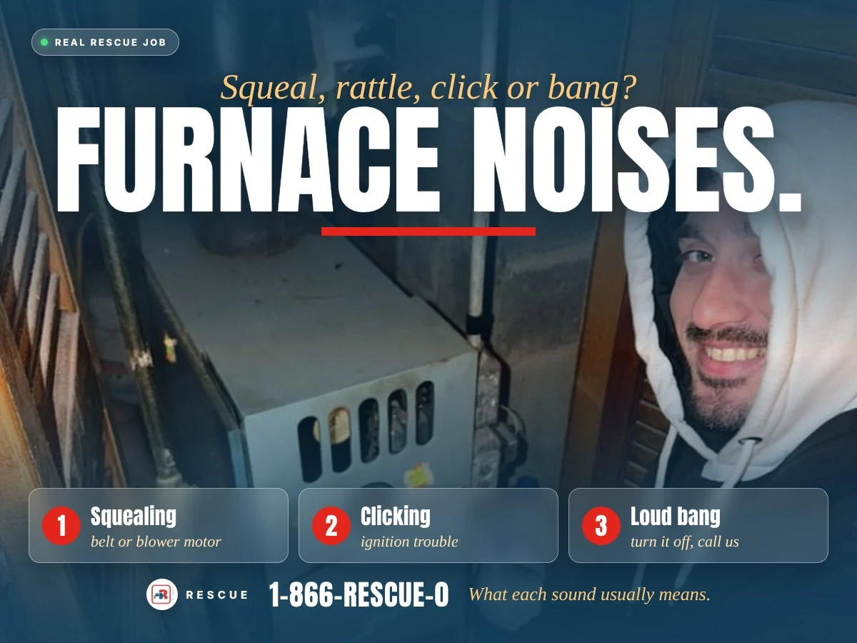 A Rescue Plumbing & HVAC technician next to an old furnace, with what common furnace noises mean
