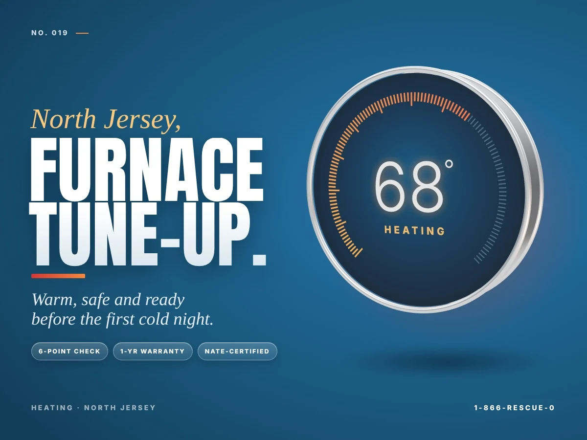 Rescue Plumbing & HVAC furnace tune-up graphic with a 3D thermostat dial reading 68 degrees, heating