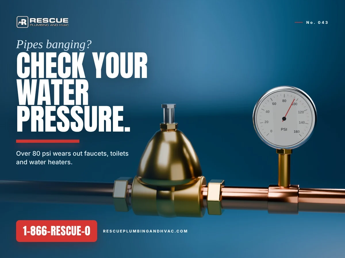 3D illustration of a brass pressure-reducing valve on a copper water line with a gauge reading about 96 psi