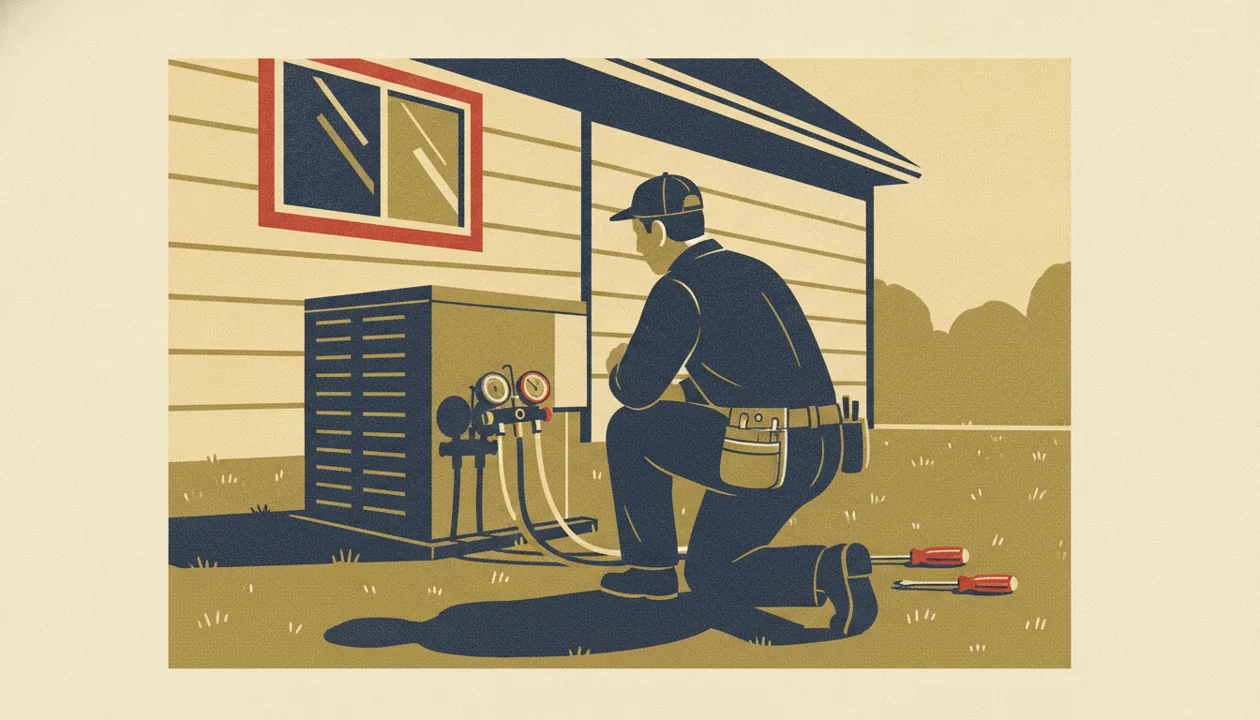 Illustration of a technician servicing an outdoor AC condenser