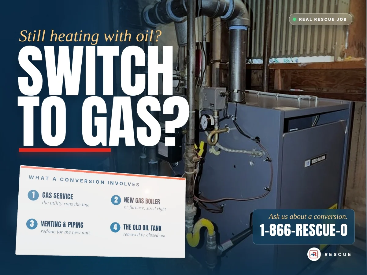 Real Rescue Plumbing & HVAC job: a new Weil-McLain gas boiler in a North Jersey basement, with what an oil-to-gas conversion involves