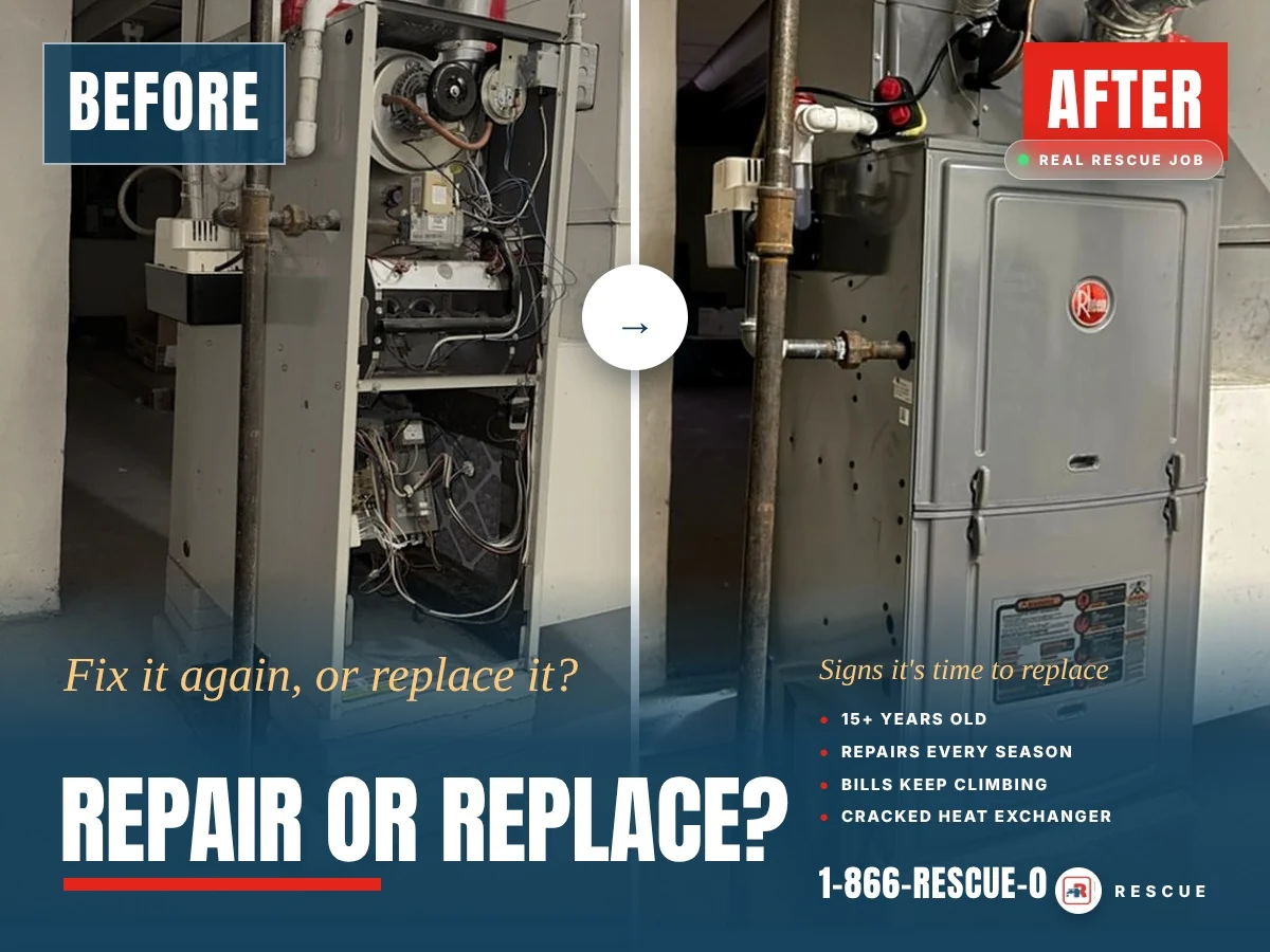 Real Rescue Plumbing & HVAC job: an old furnace before and a new Rheem furnace after, with signs it's time to replace