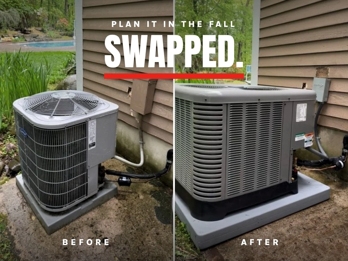 Real Rescue Plumbing & HVAC job: an older outdoor A/C unit before and a new Rheem condenser after