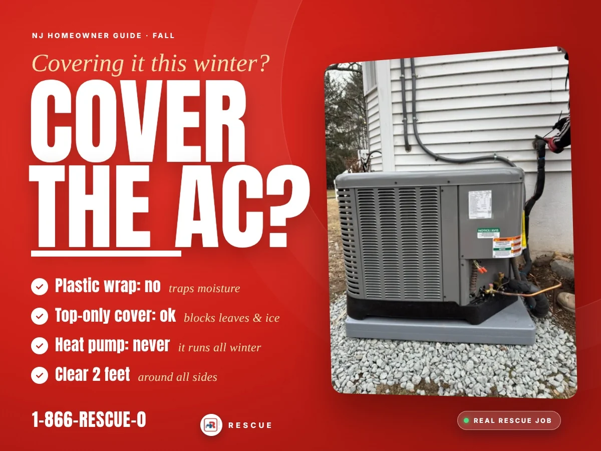 Real Rescue Plumbing & HVAC job: new AC condenser on a pad beside vinyl siding, with tips on covering an AC unit for winter