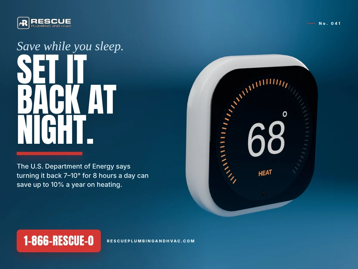 3D illustration of a wall thermostat set to 68 degrees in heat mode, with winter thermostat tips from Rescue Plumbing & HVAC