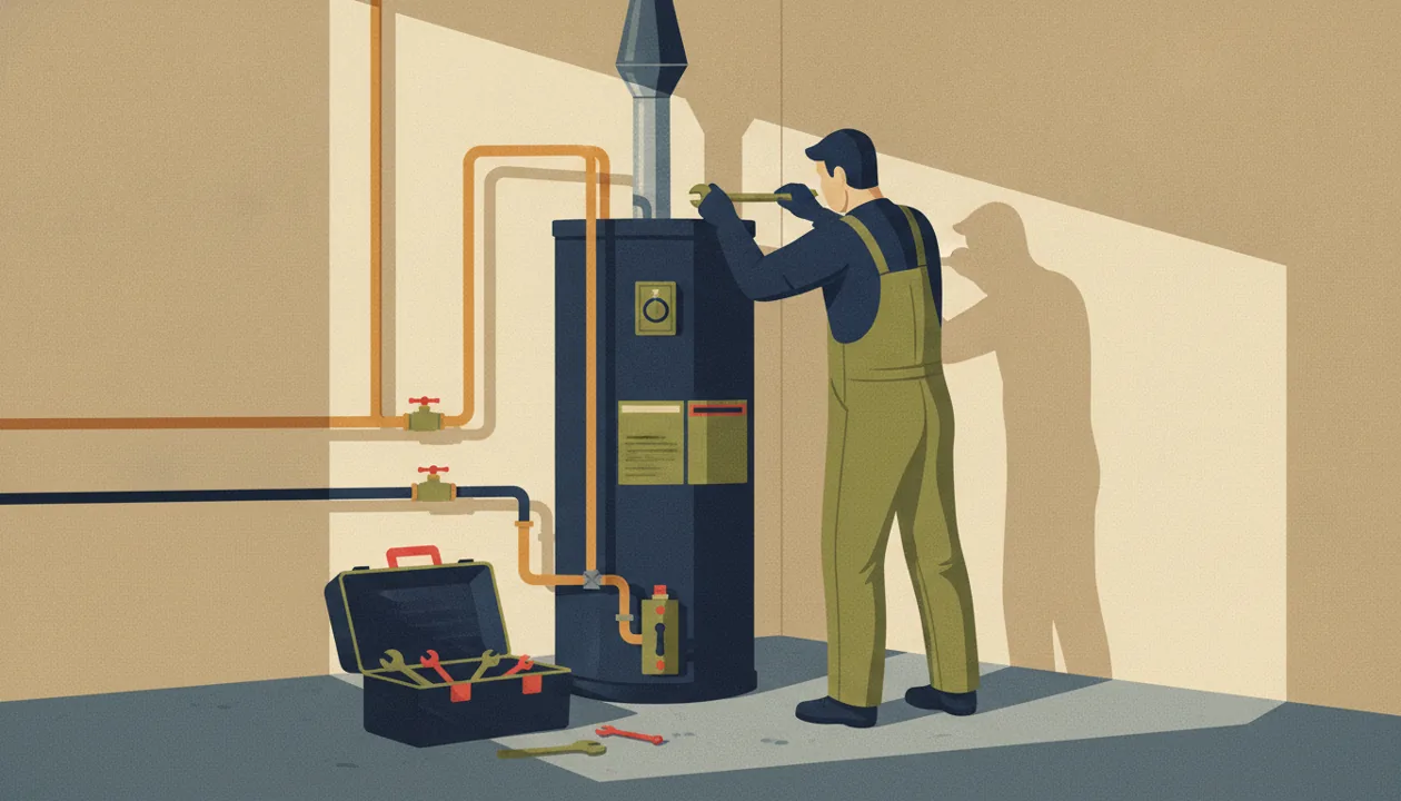 Illustration of a technician inspecting a basement water heater