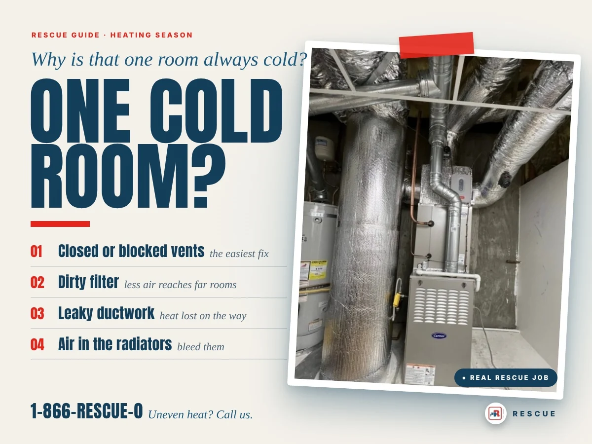 Real Rescue Plumbing & HVAC job: a new Carrier furnace with zoned ductwork, with four common causes of one cold room
