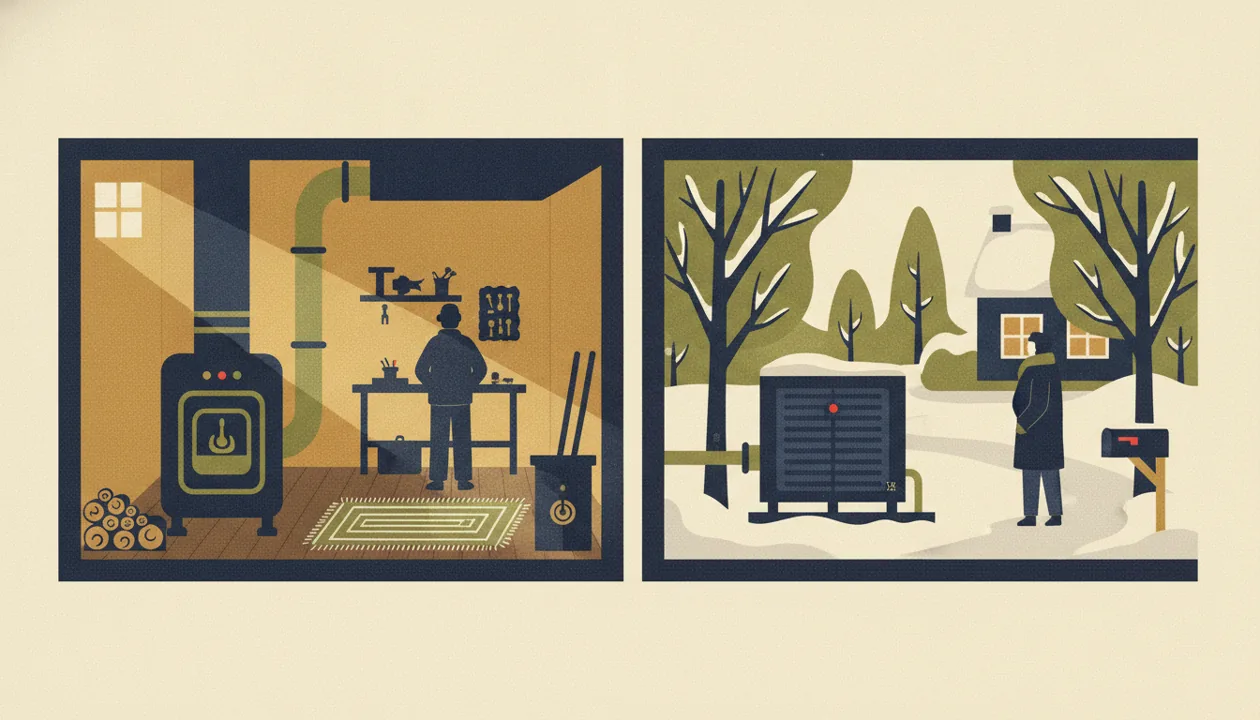 Illustration of a basement furnace and outdoor heat pump in snow