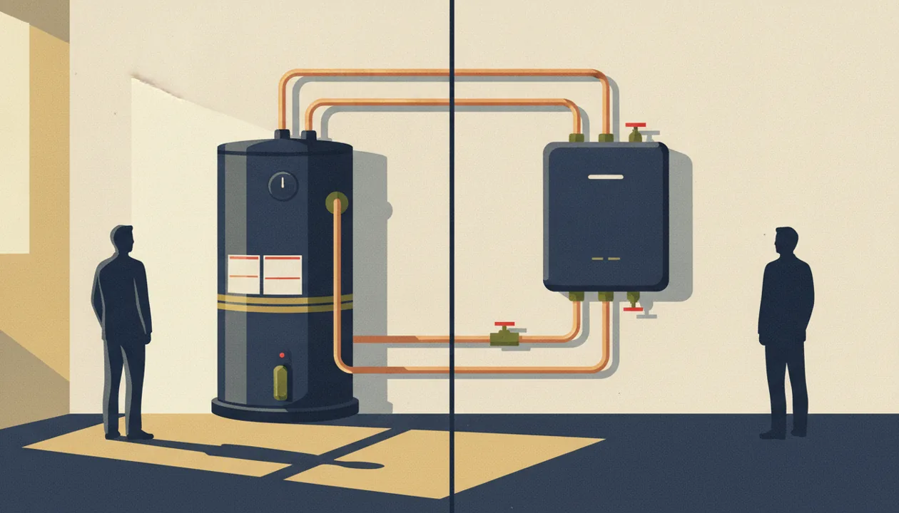 Illustration of a tank and tankless water heater side by side