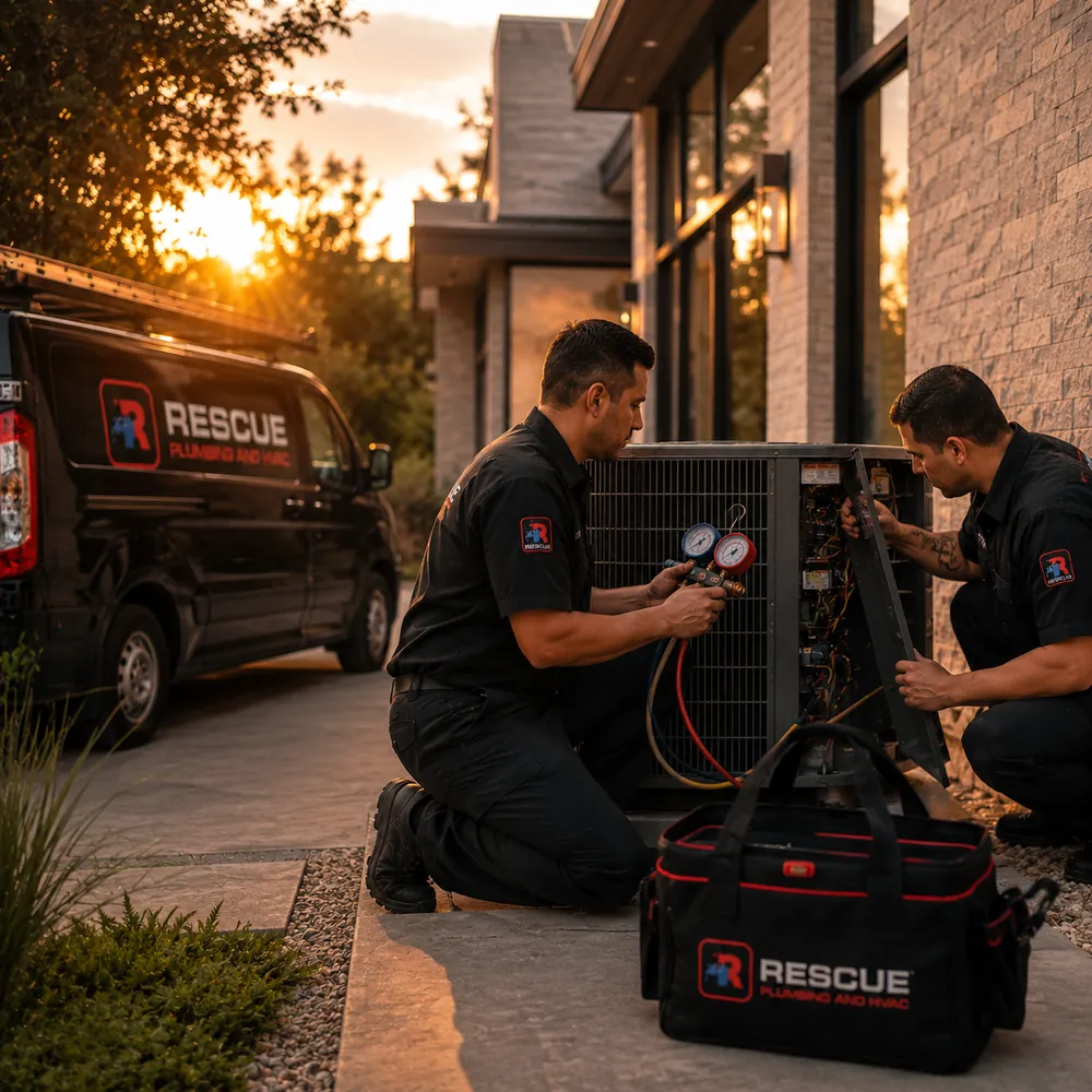 Rescue technicians installing a new central A/C condenser at a Wayne NJ split-level home