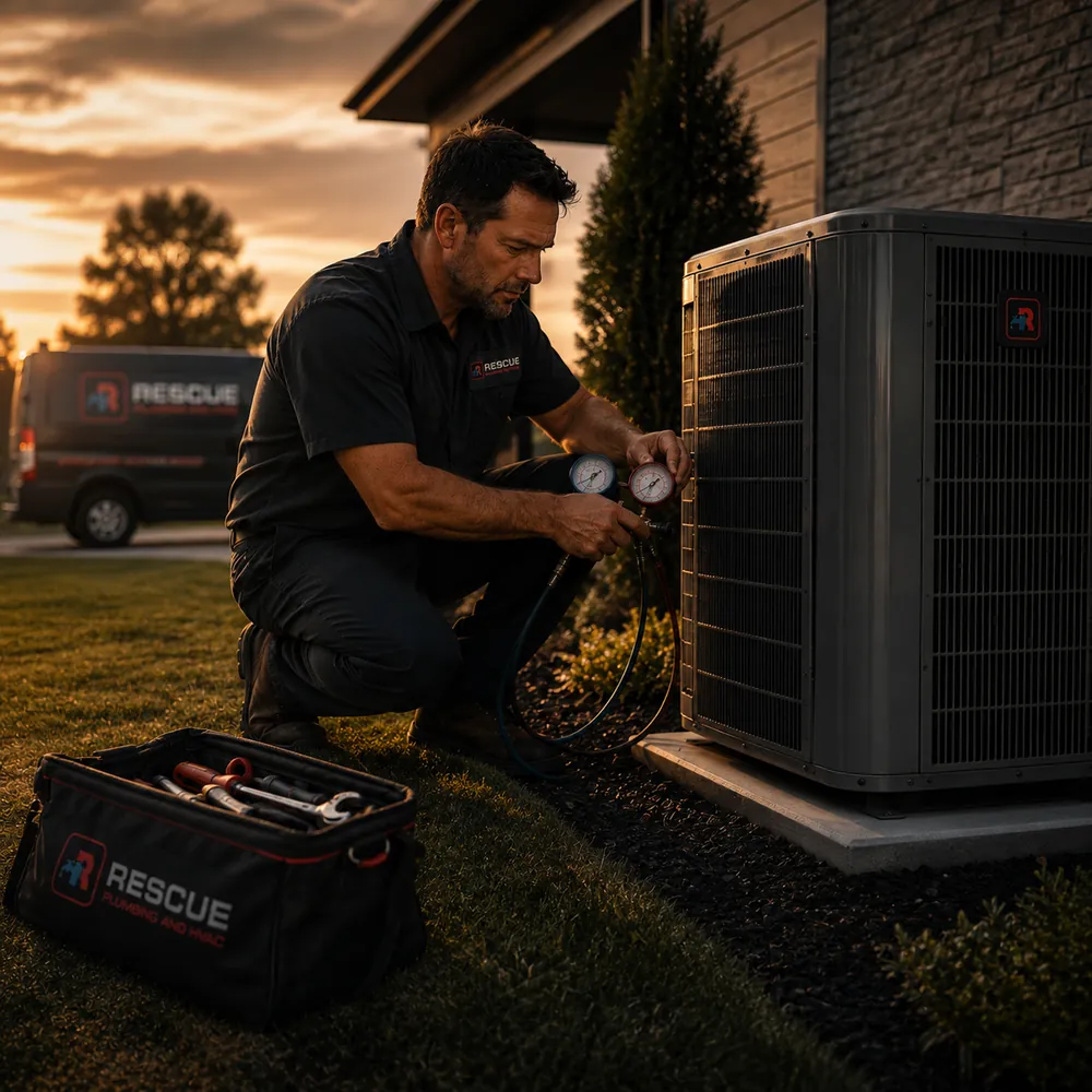 Rescue technician testing an air conditioning condenser at a Hackensack NJ home