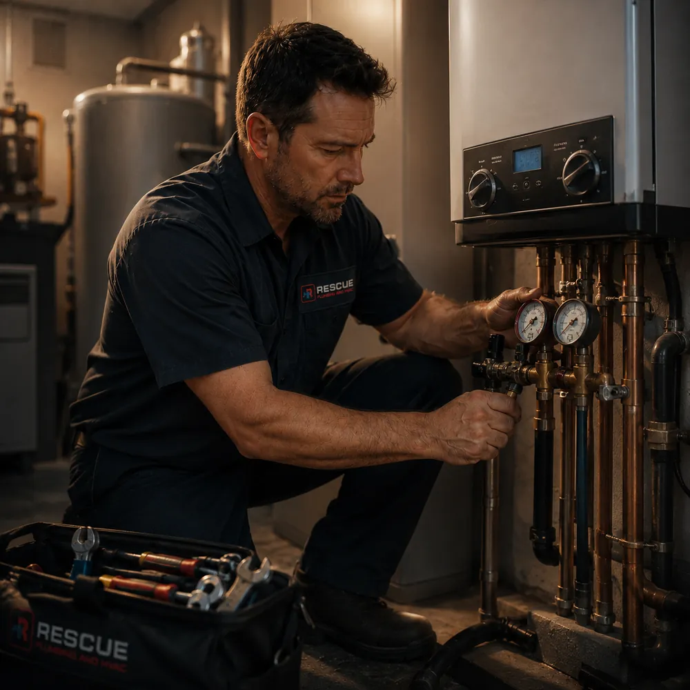 Rescue technician repairing a boiler in a Hoboken NJ rowhouse basement