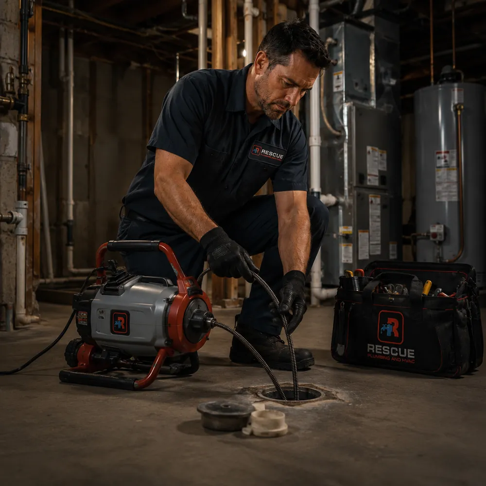 Rescue technician running a drain machine to clear a sewer line at a Paterson NJ home