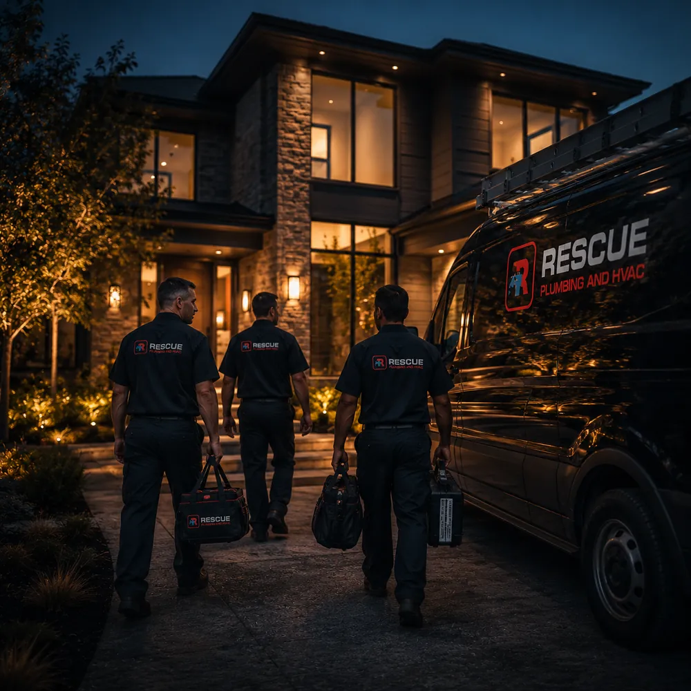 Rescue Plumbing & HVAC technician arriving at a New Jersey home at night for an emergency call