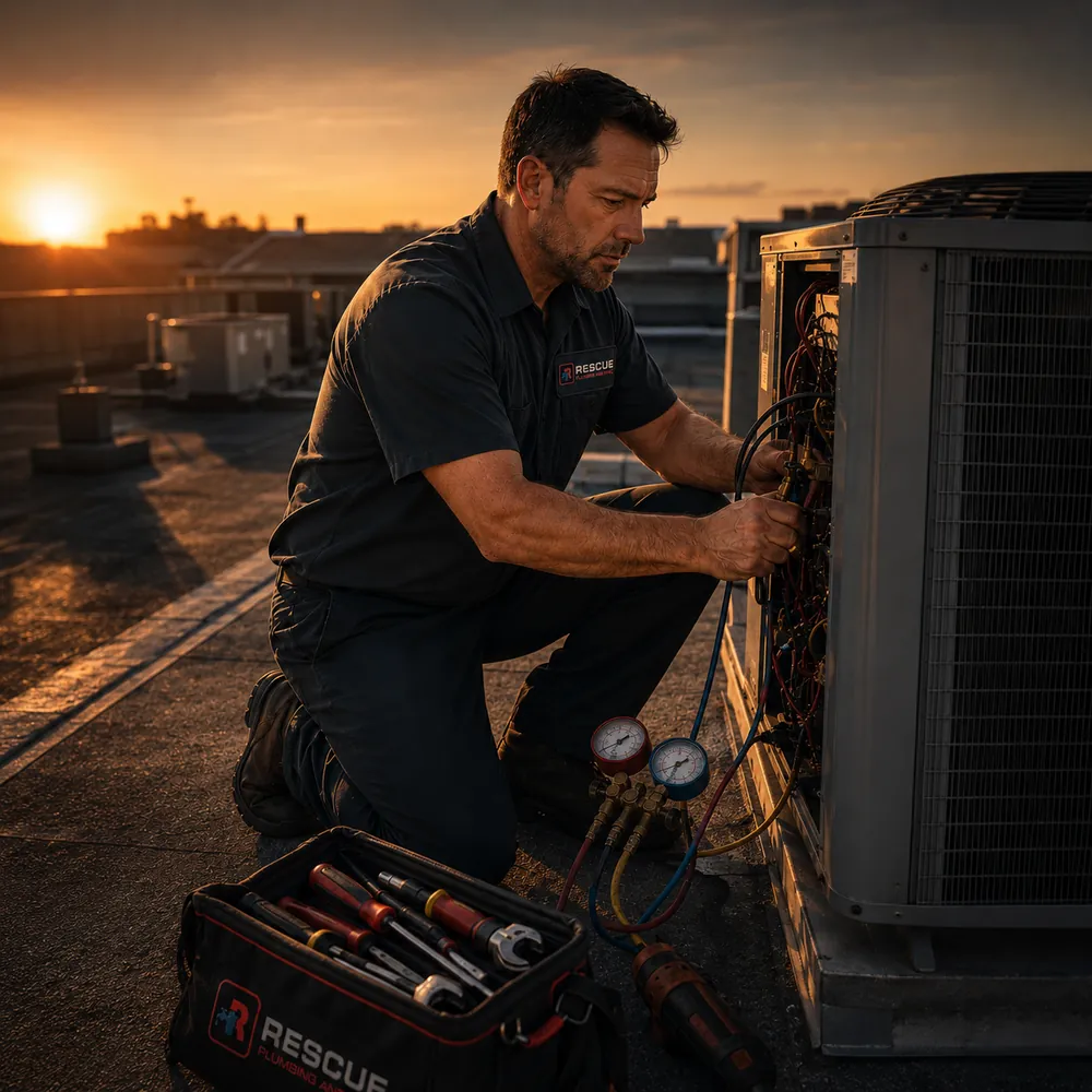 Rescue technician servicing a commercial rooftop HVAC unit in Jersey City NJ