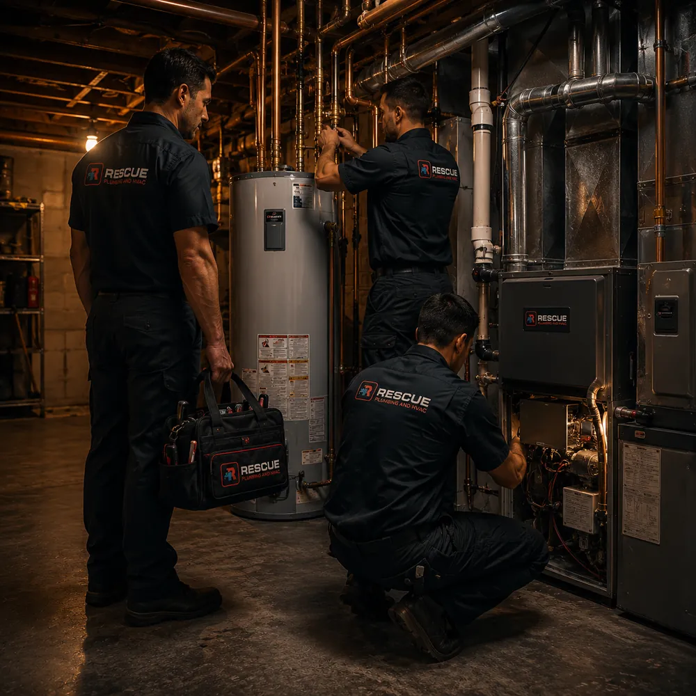 Rescue Plumbing & HVAC technicians working on mechanicals in a New Jersey basement