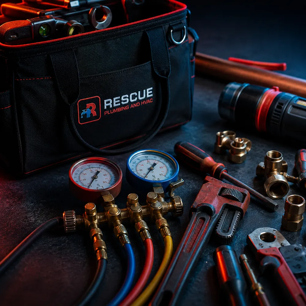 Rescue commercial HVAC technician's instruments and tools laid out for a rooftop service call