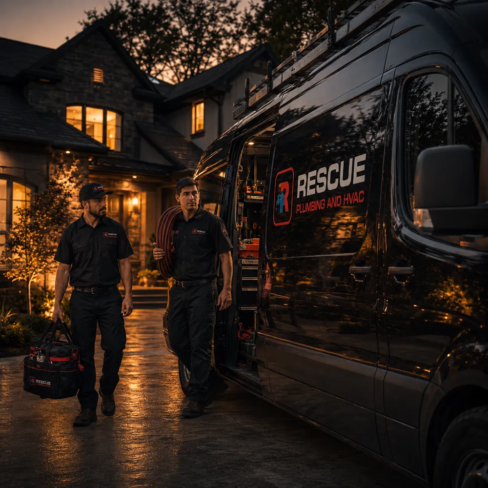 Rescue Plumbing & HVAC van and technicians responding to a night emergency call in New Jersey