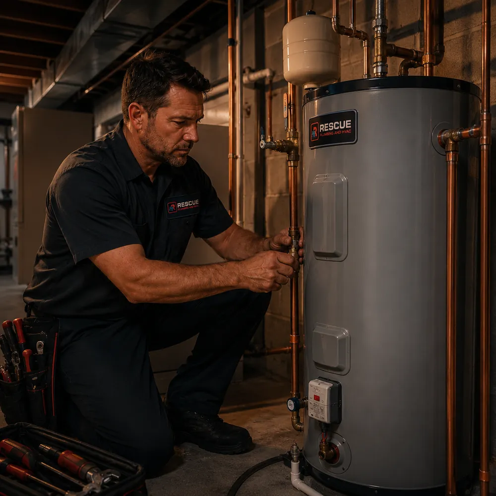 Rescue technician installing a new tank water heater in a Wayne NJ basement