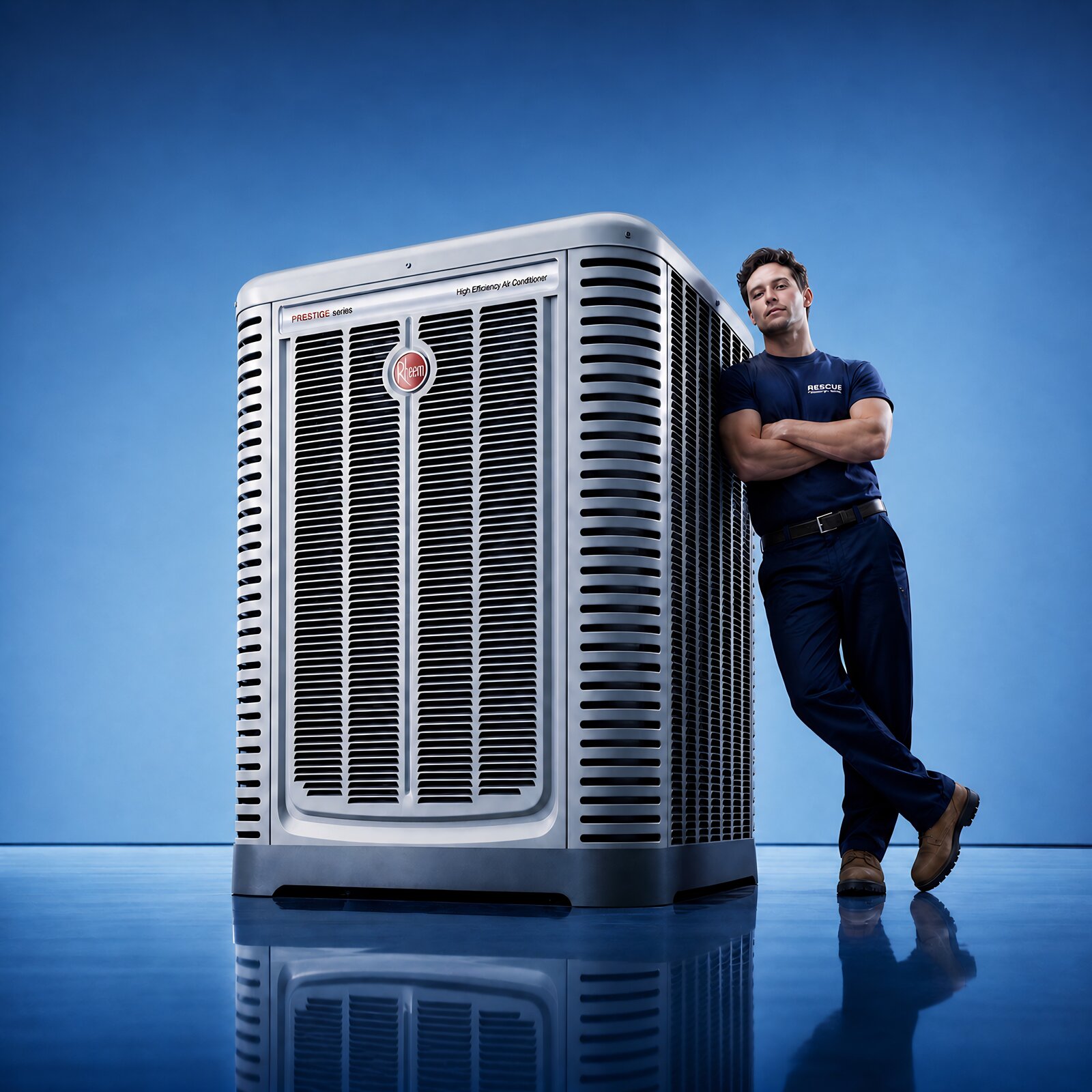 Rescue technician in branded uniform leaning on a Rheem Prestige outdoor condenser unit