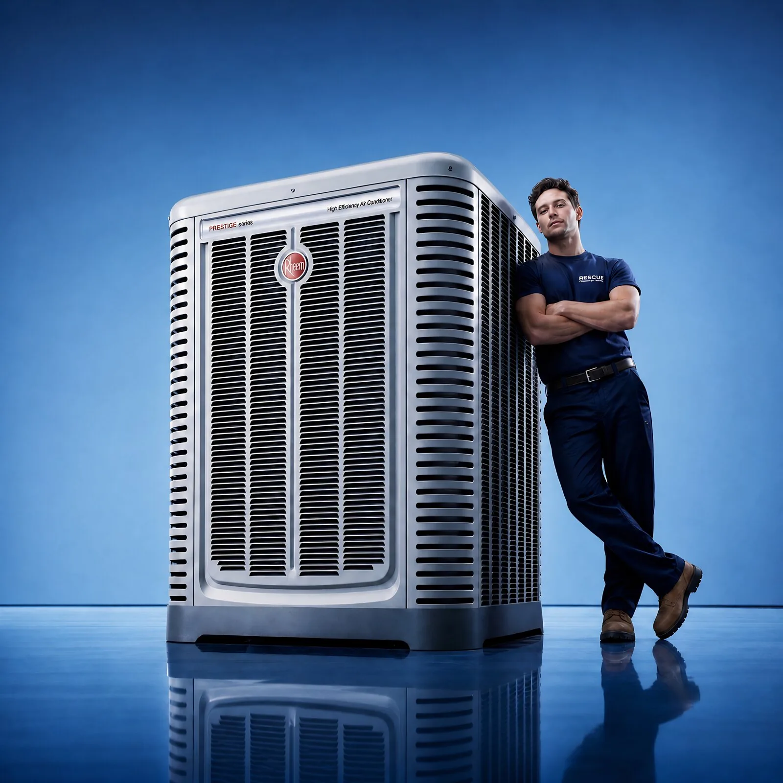 Rescue technician in branded uniform leaning on a Rheem Prestige outdoor condenser unit
