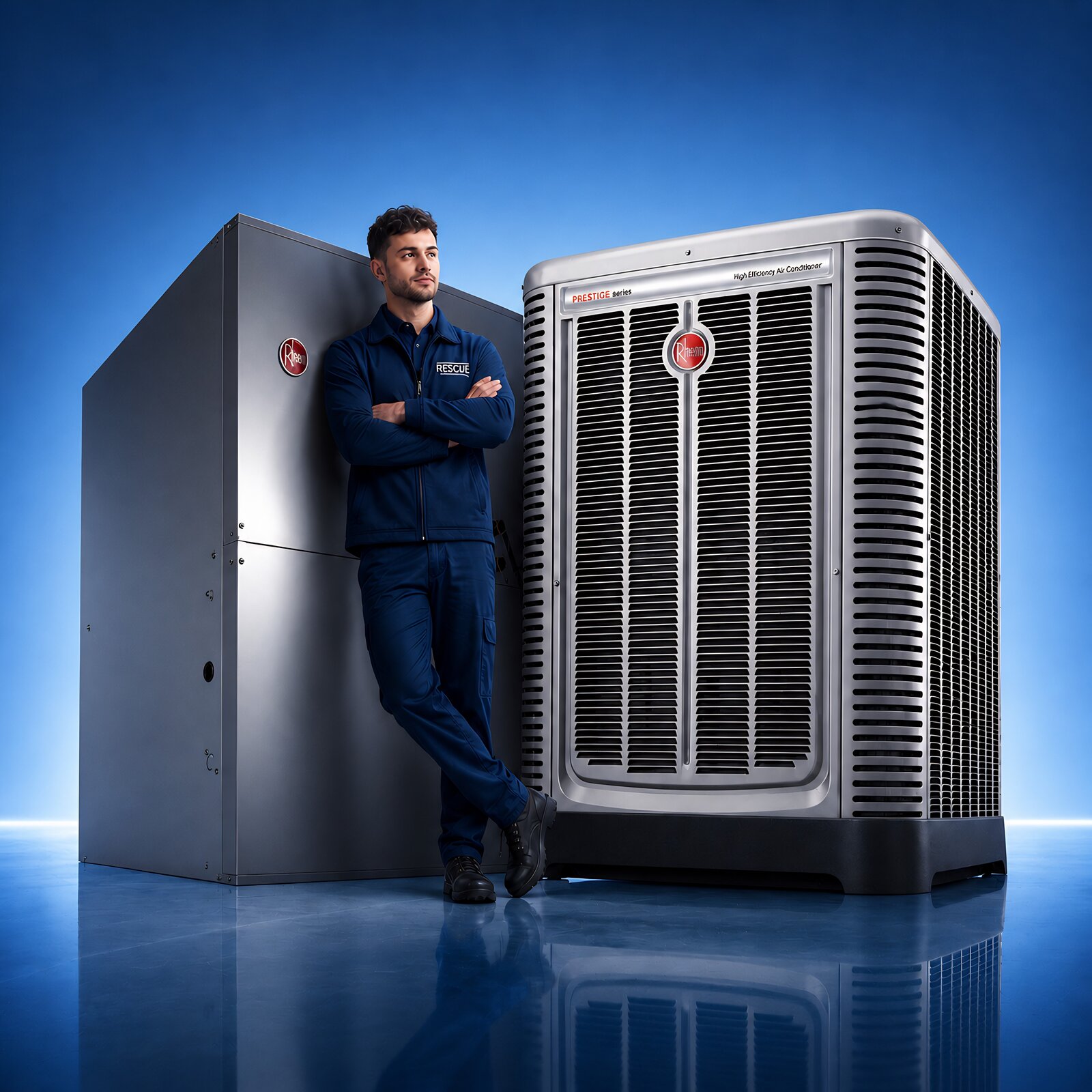 Rescue technician standing between a Rheem Prestige furnace and a high-efficiency Rheem outdoor condenser