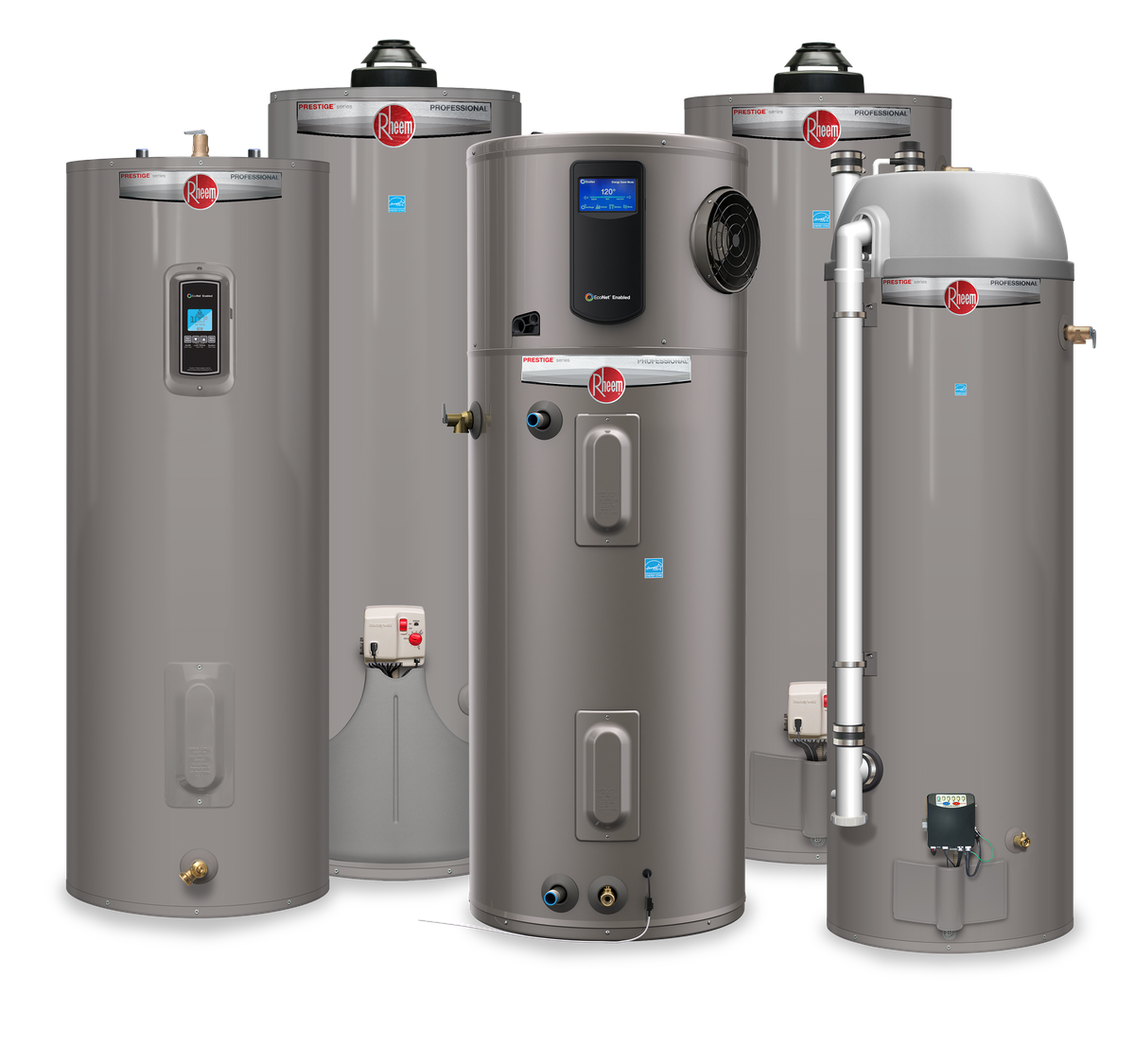 Rheem Prestige water heater lineup — gas tank, electric, hybrid heat pump, and high-efficiency models