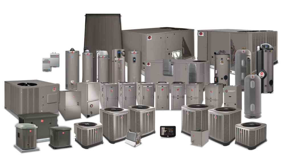 Rheem complete equipment lineup — water heaters, furnaces, condensers, package units, mini-splits, commercial rooftops
